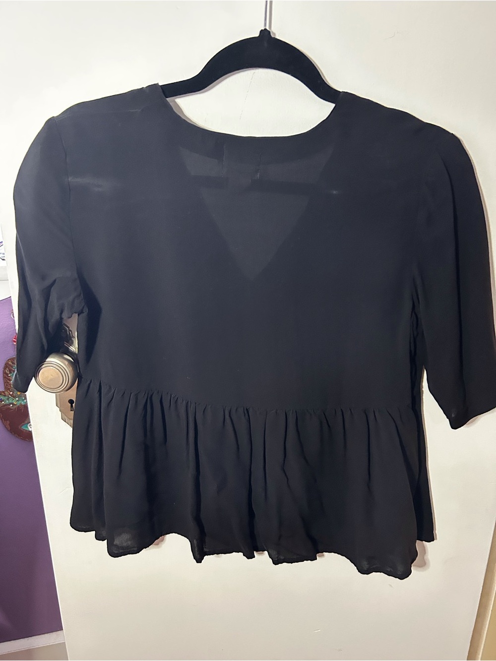 Urban Outfitters Black V-Neck Peplum Button Blouse - Picture 2 of 7